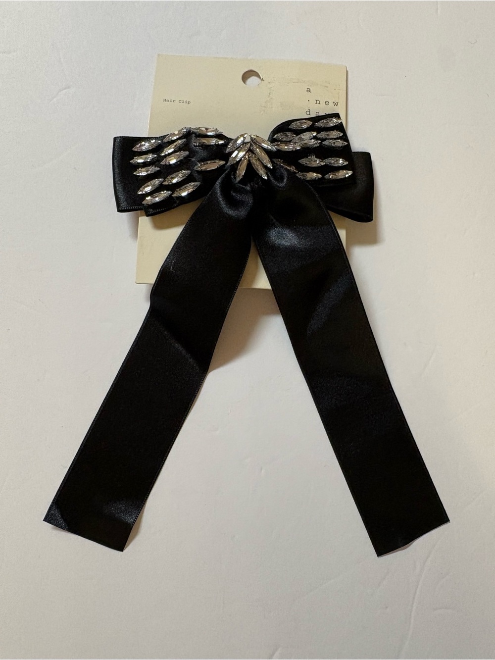 a new day Black Satin Bow Hair Clip with Crystal Marquise Accents